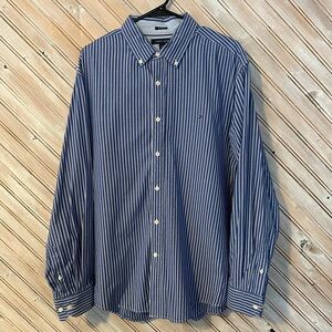 Tommy Hilfiger Stripped Button Down Dress Shirt Stretch Extensible Collared Blue